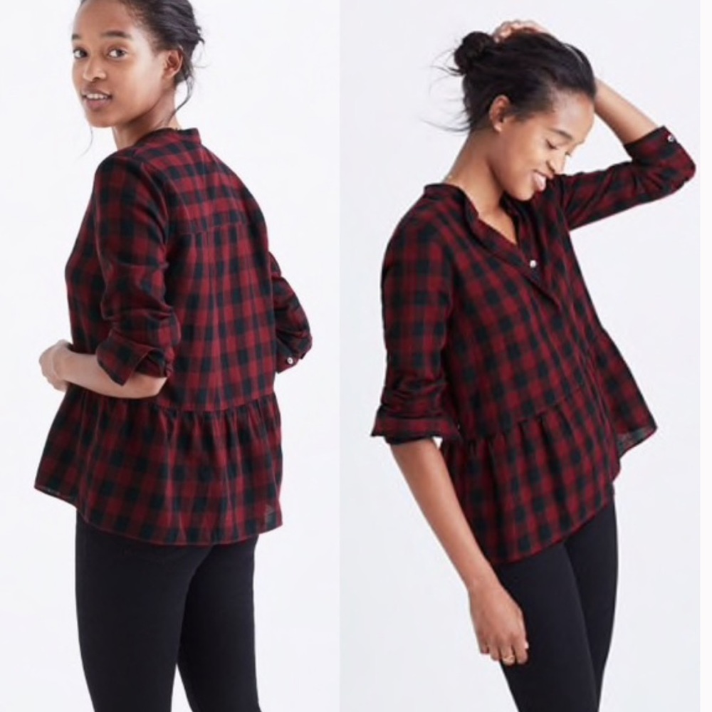 EUC Madewell peplum buffalo check button up